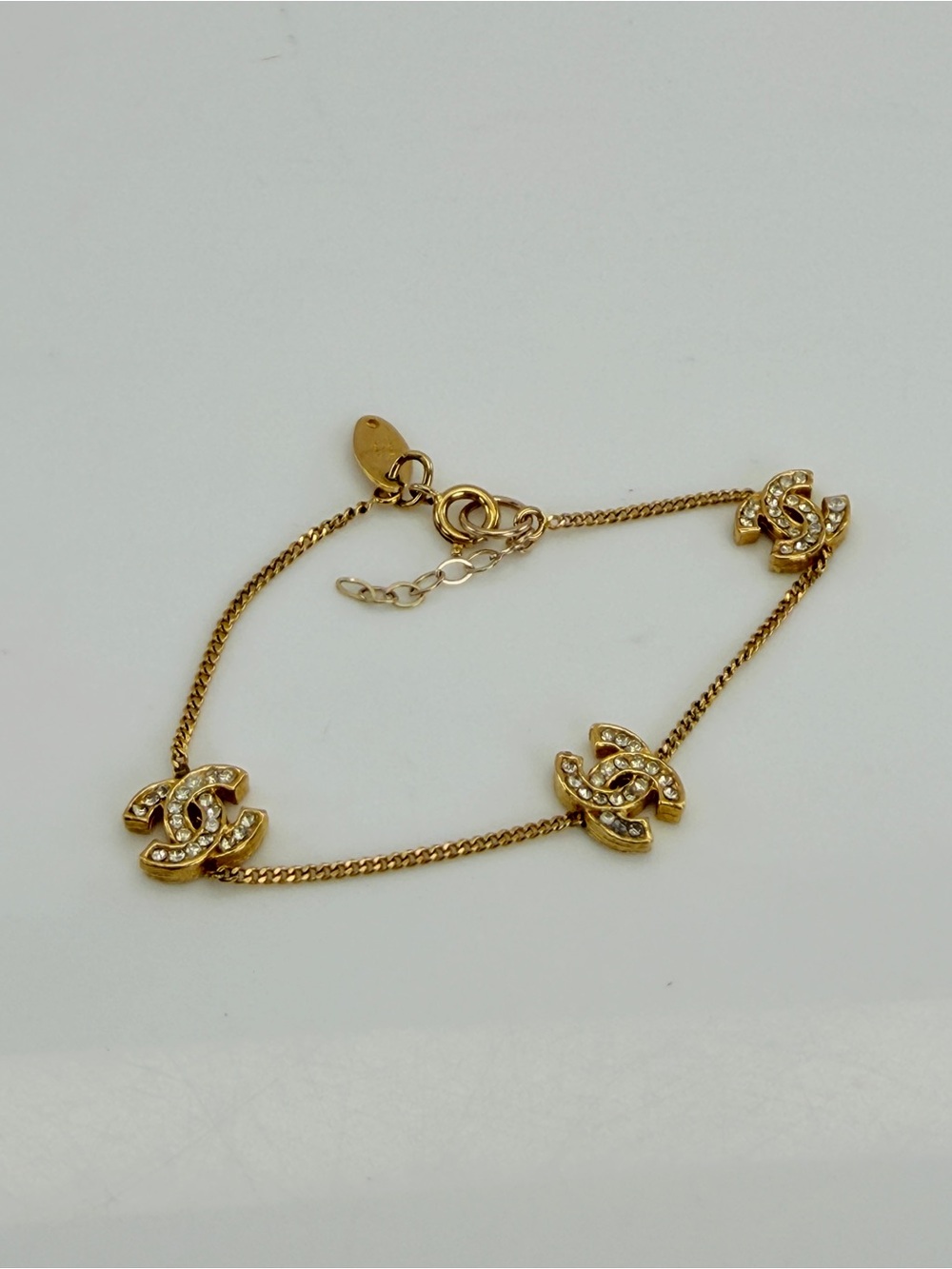 Chanel Rhinestone Triple Coco Mark Bracelet Gold Vintage 1982